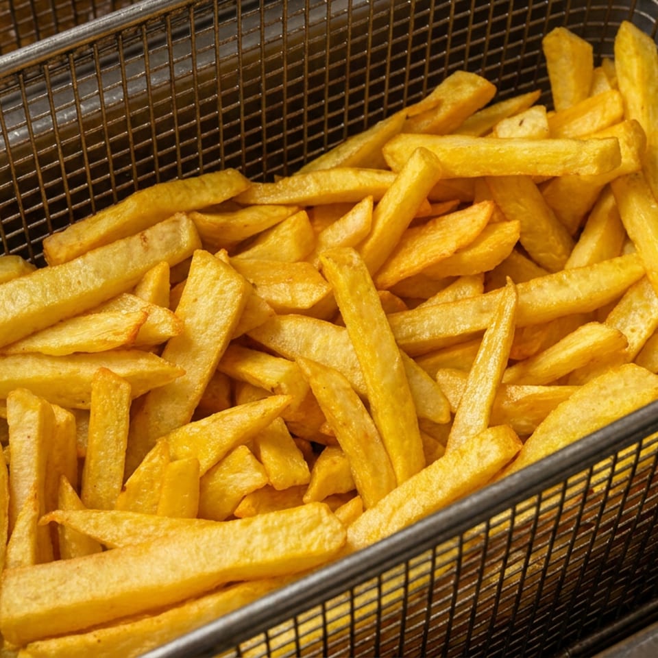 Golden French fries fill a wire fryer basket in a commercial kitchen.