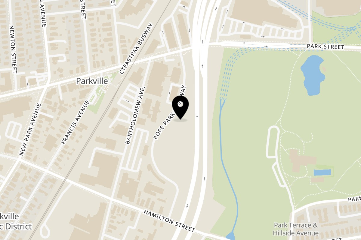 Map showing the location of Tortillería Miguel Hartford on 40 Pope Park Hwy in Hartford